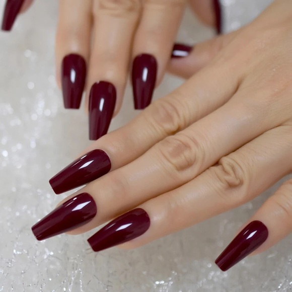 Maroon Red Long Tapered Coffn Press on Nails - Picture 2 of 2